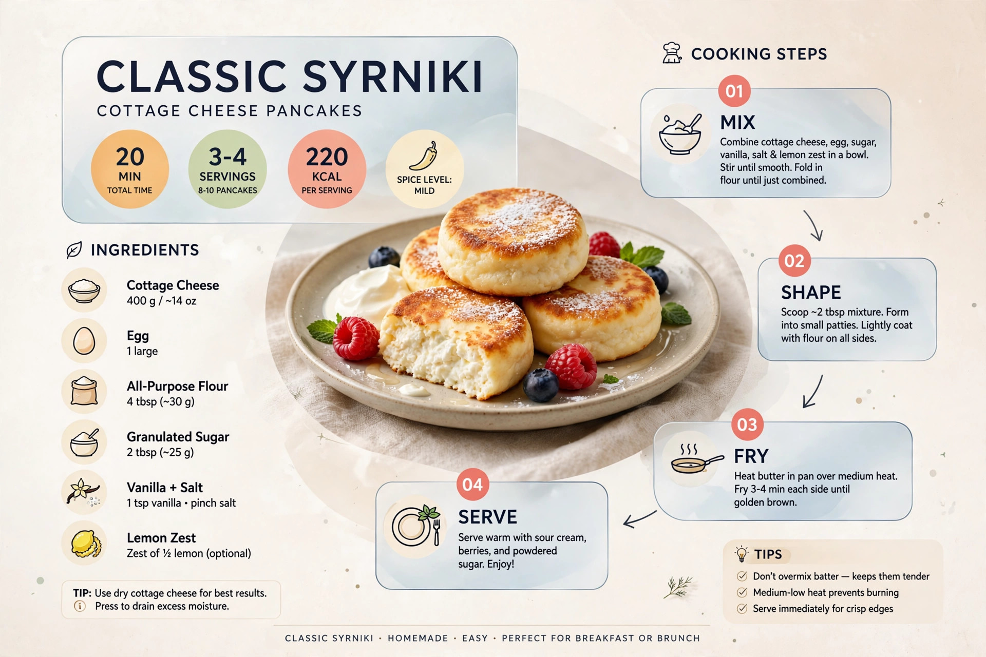 Recipe infographic: Classic Syrniki (Cottage Cheese Pancakes) — ingredients and step-by-step visual guide