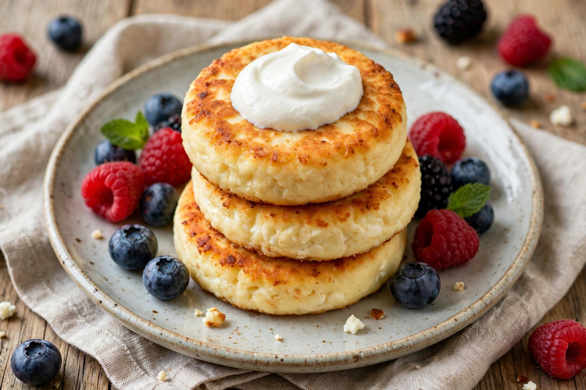 Golden classic syrniki with sour cream and fresh berries