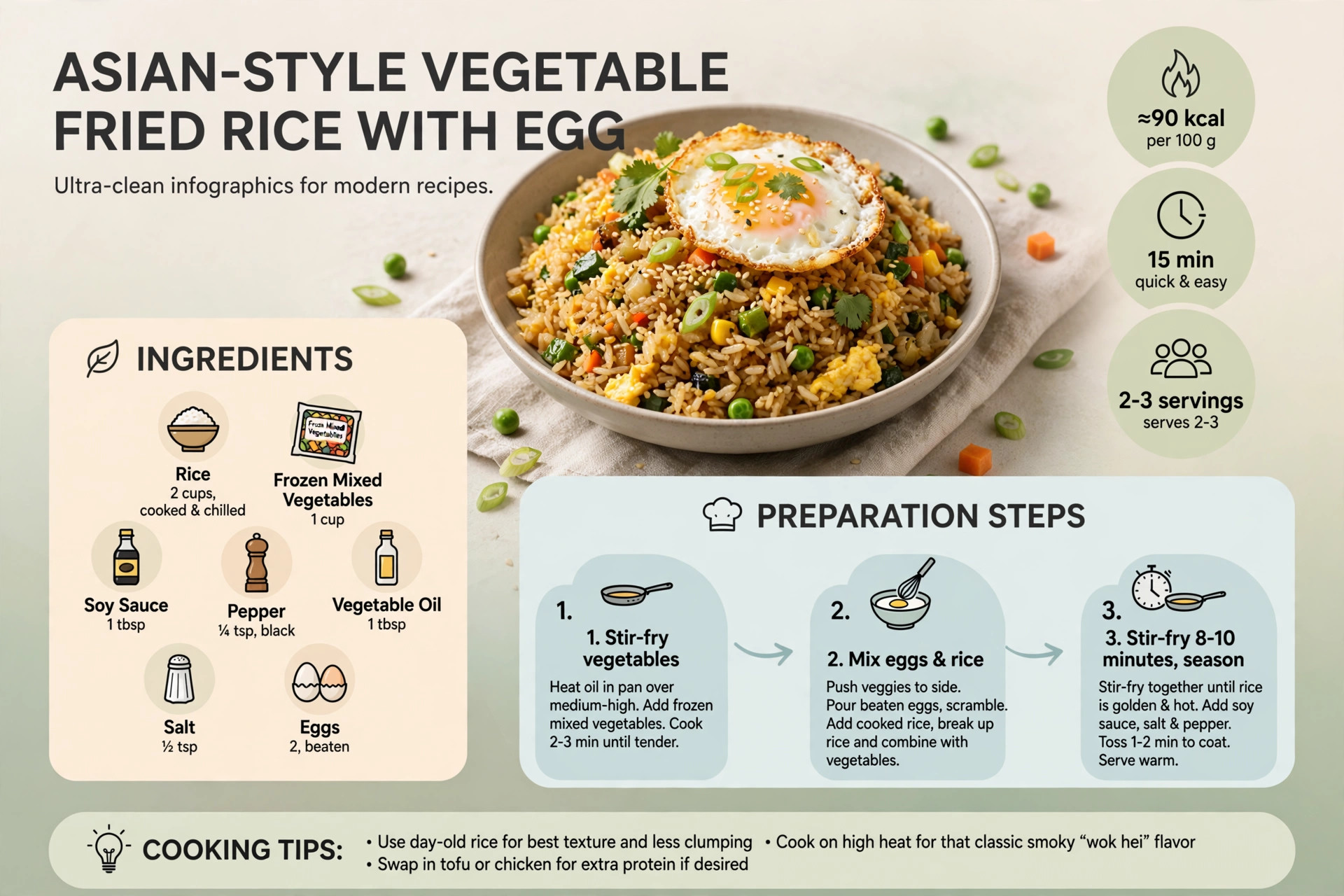 Recipe infographic: Asian-Style Vegetable Fried Rice with Egg — ingredients and step-by-step visual guide