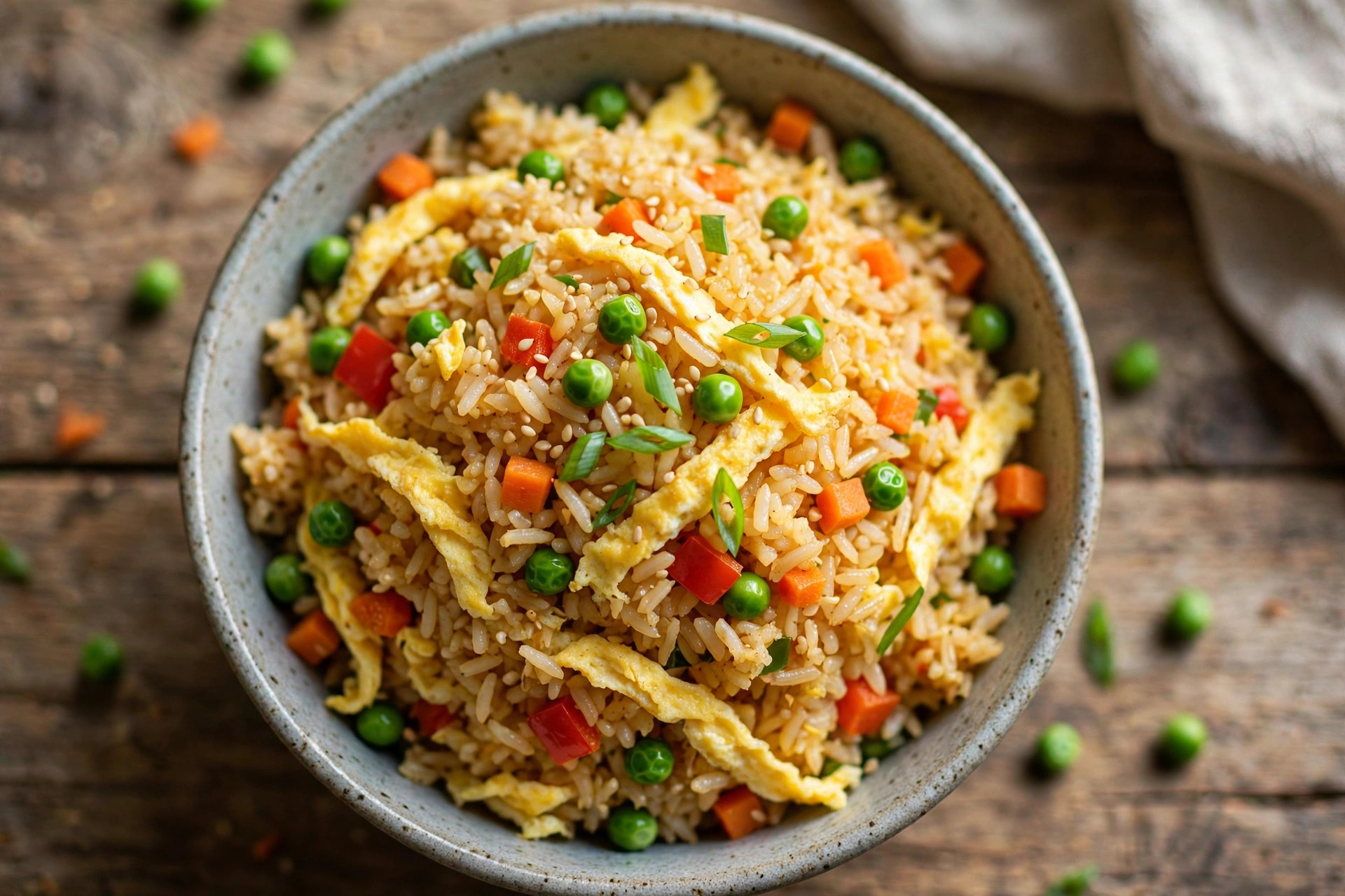 Colorful Asian-style vegetable fried rice with scrambled egg served in a skillet