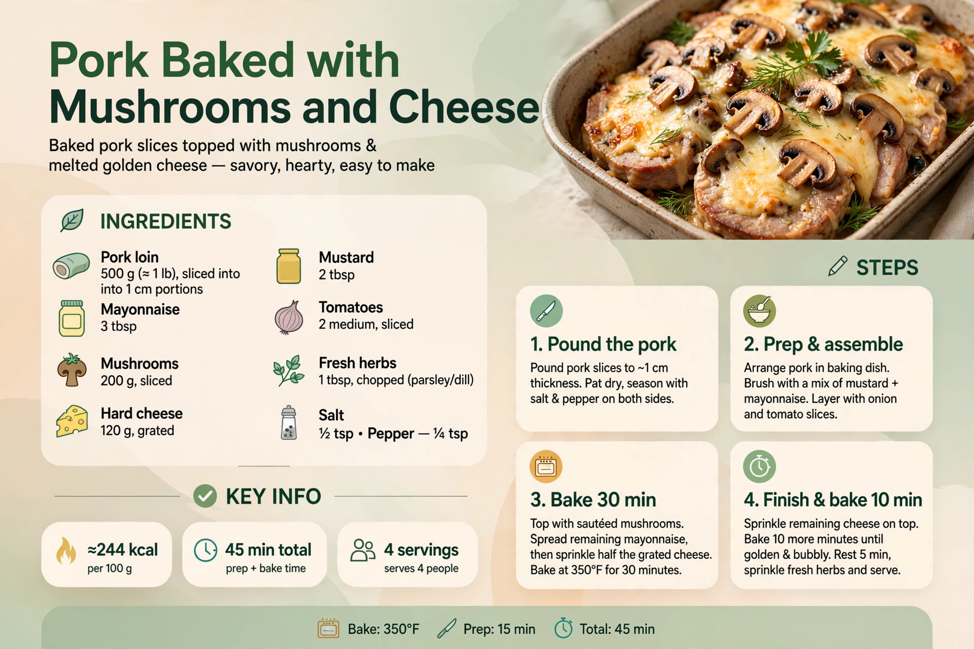 Recipe infographic: Pork Baked with Mushrooms and Cheese — ingredients and step-by-step visual guide