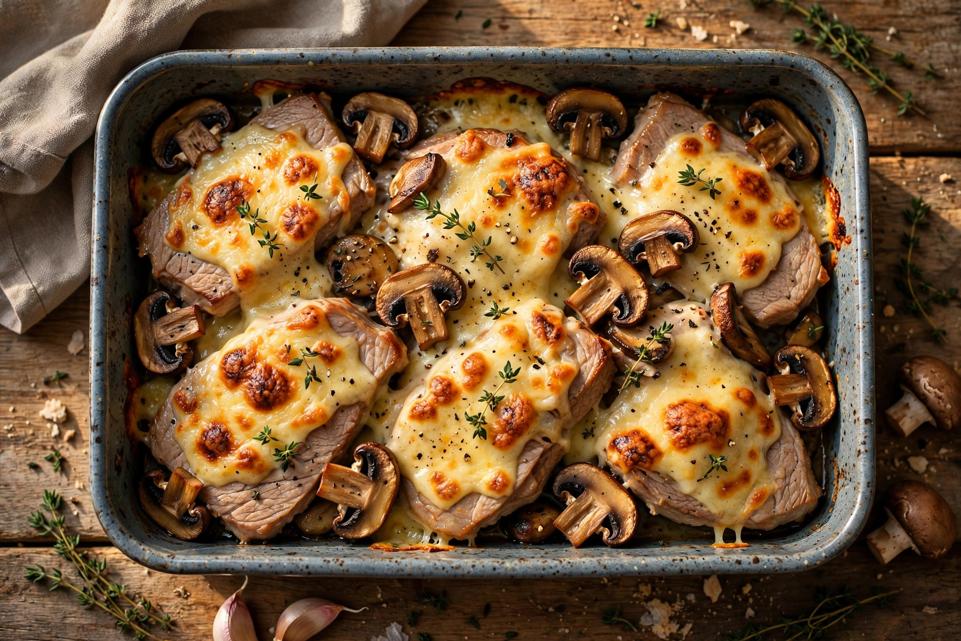Pork baked with mushrooms and cheese, fresh from the oven with a golden cheese crust