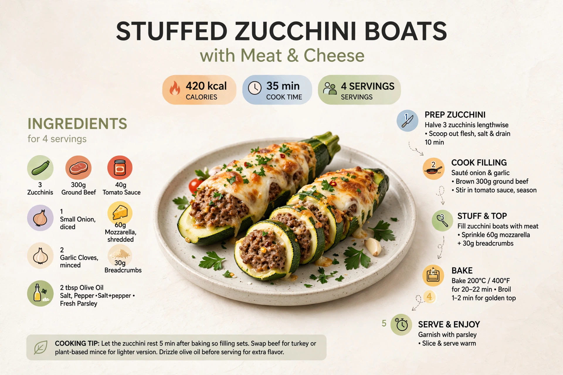Recipe infographic: Stuffed Zucchini Boats with Meat and Cheese — ingredients and step-by-step visual guide