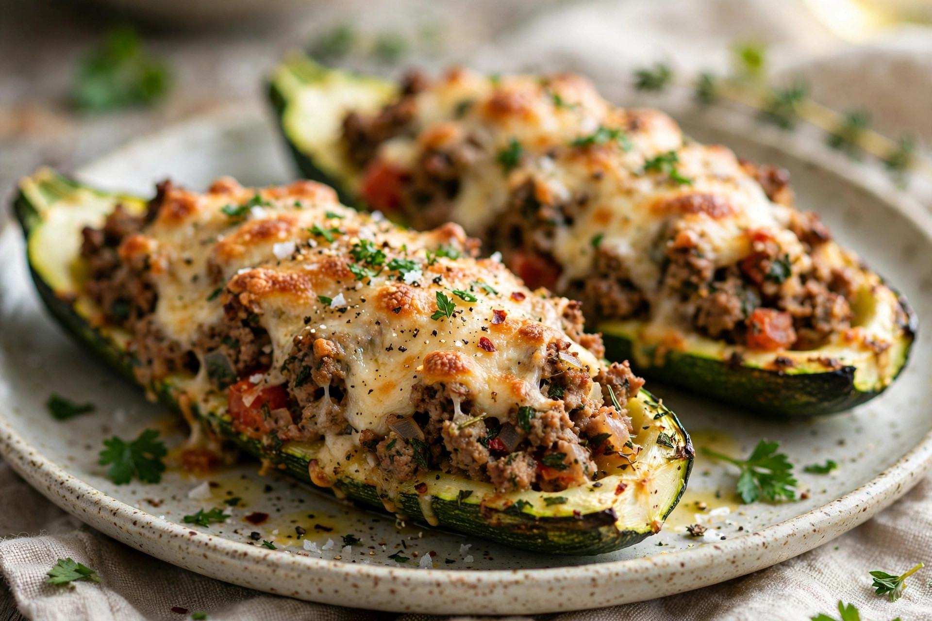 Stuffed zucchini boats filled with seasoned ground meat and topped with melted golden cheese, fresh from the oven