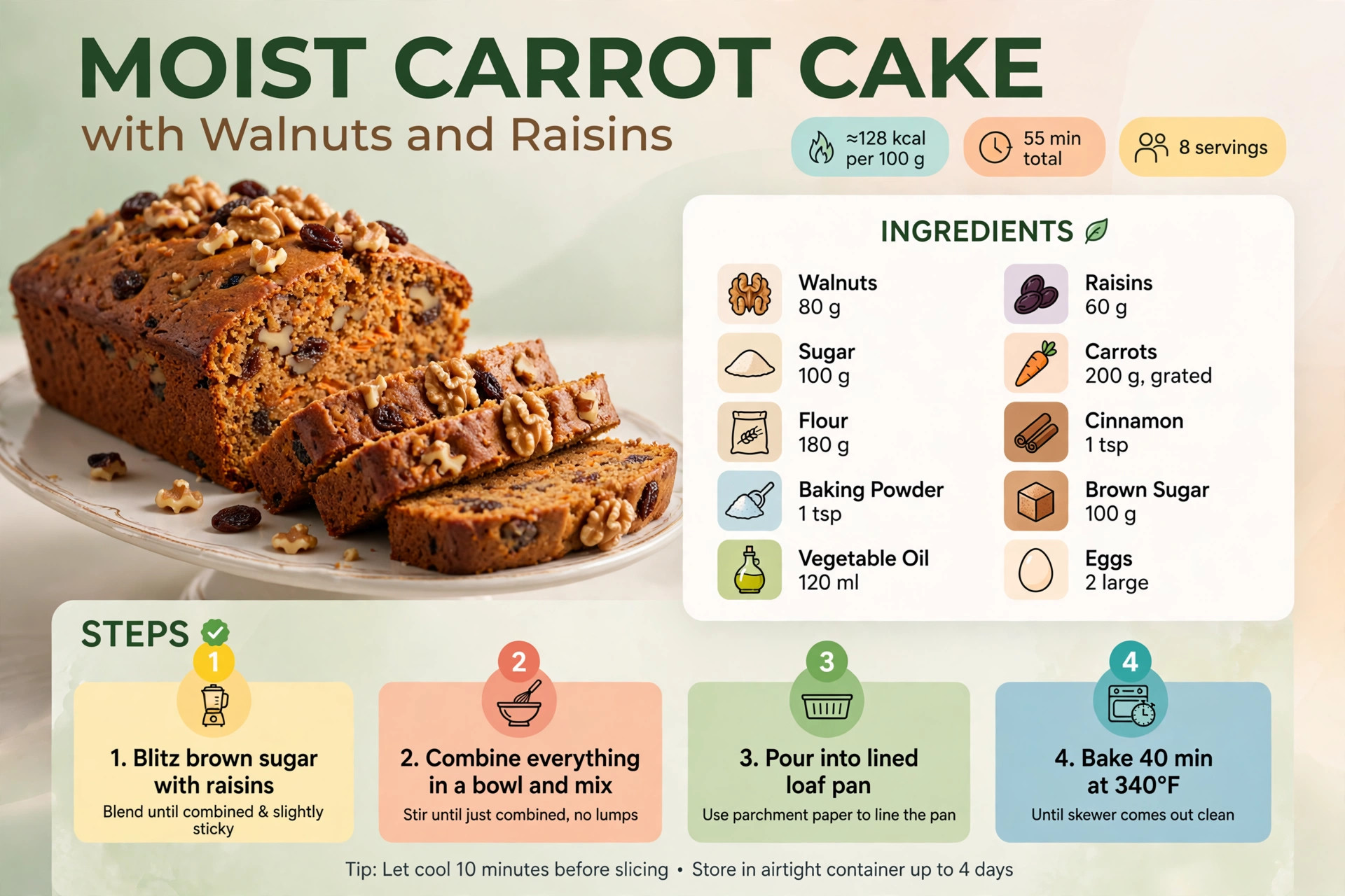 Recipe infographic: Moist Carrot Cake with Walnuts and Raisins — ingredients and step-by-step visual guide