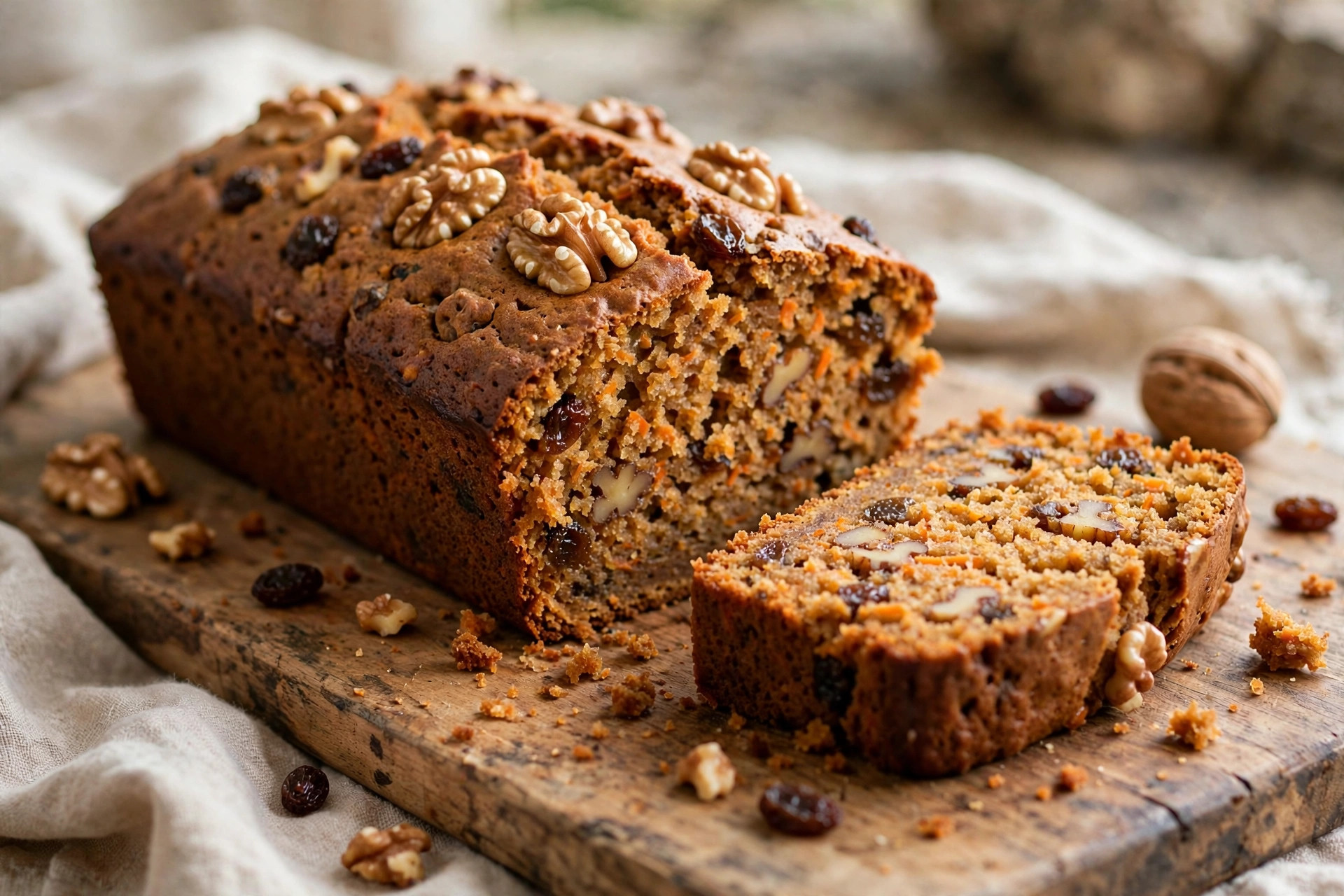 Moist carrot cake with walnuts and raisins, sliced to show the tender crumb