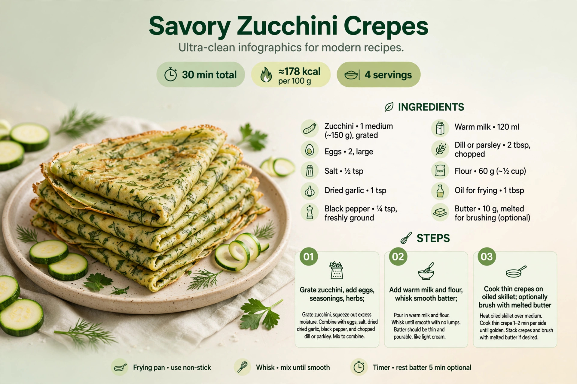 Recipe infographic: Savory Zucchini Crepes — ingredients and step-by-step visual guide