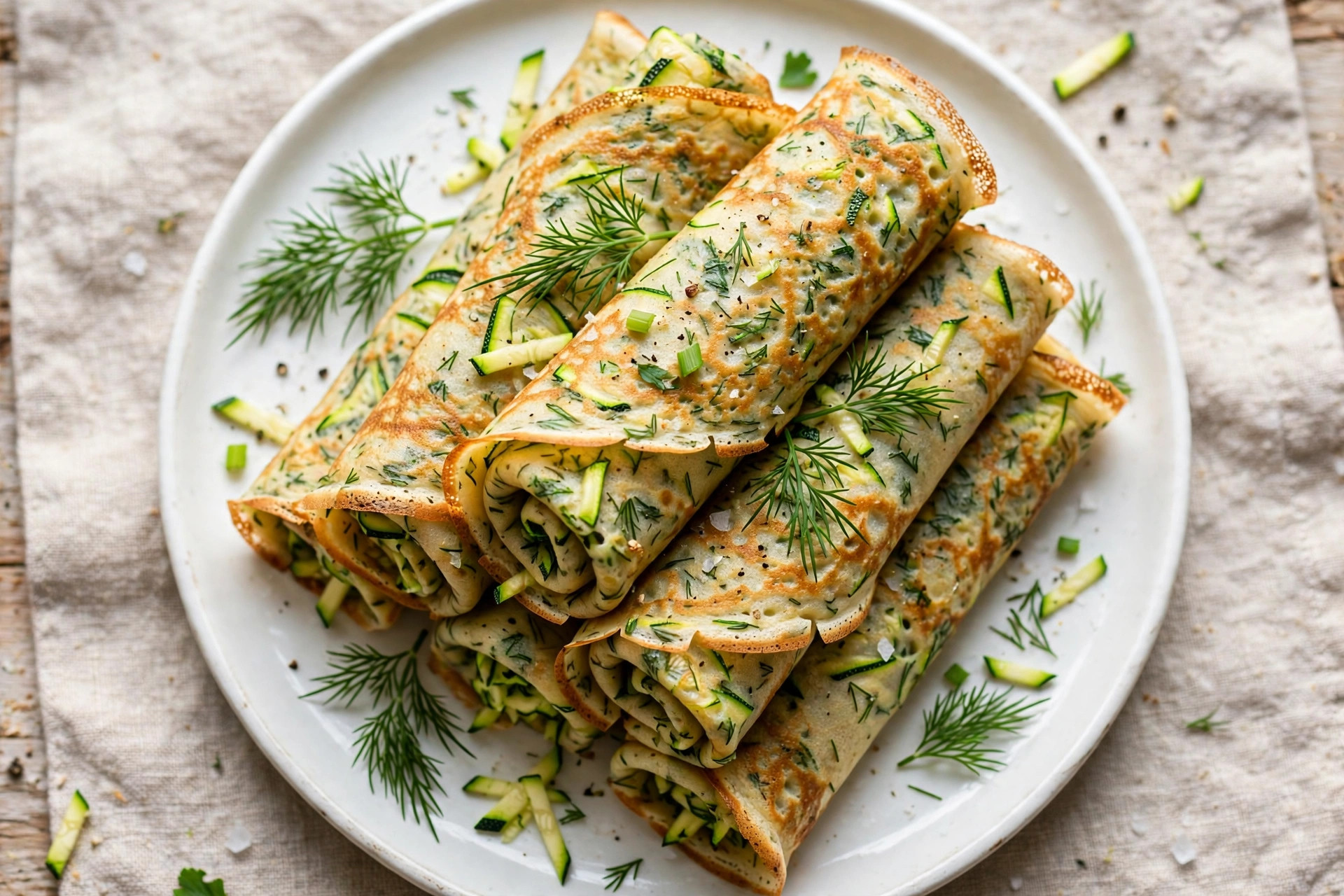 Golden savory zucchini crepes stacked on a plate with fresh herbs