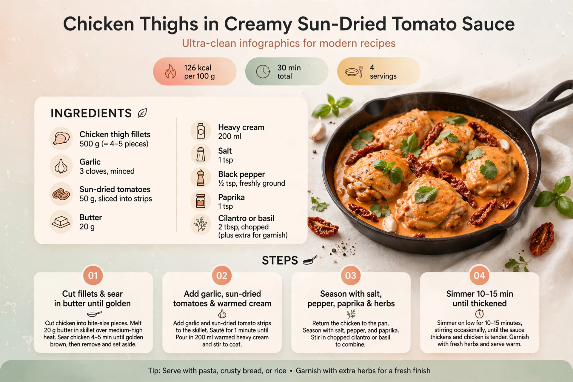 Recipe infographic: Chicken Thighs in Creamy Sun-Dried Tomato Sauce — ingredients and step-by-step visual guide