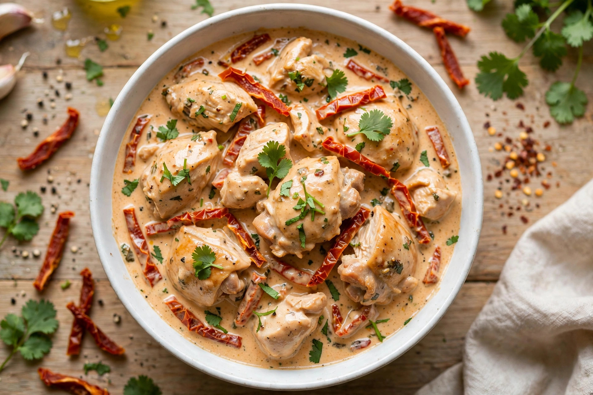 Chicken thighs in creamy sun-dried tomato sauce garnished with fresh herbs