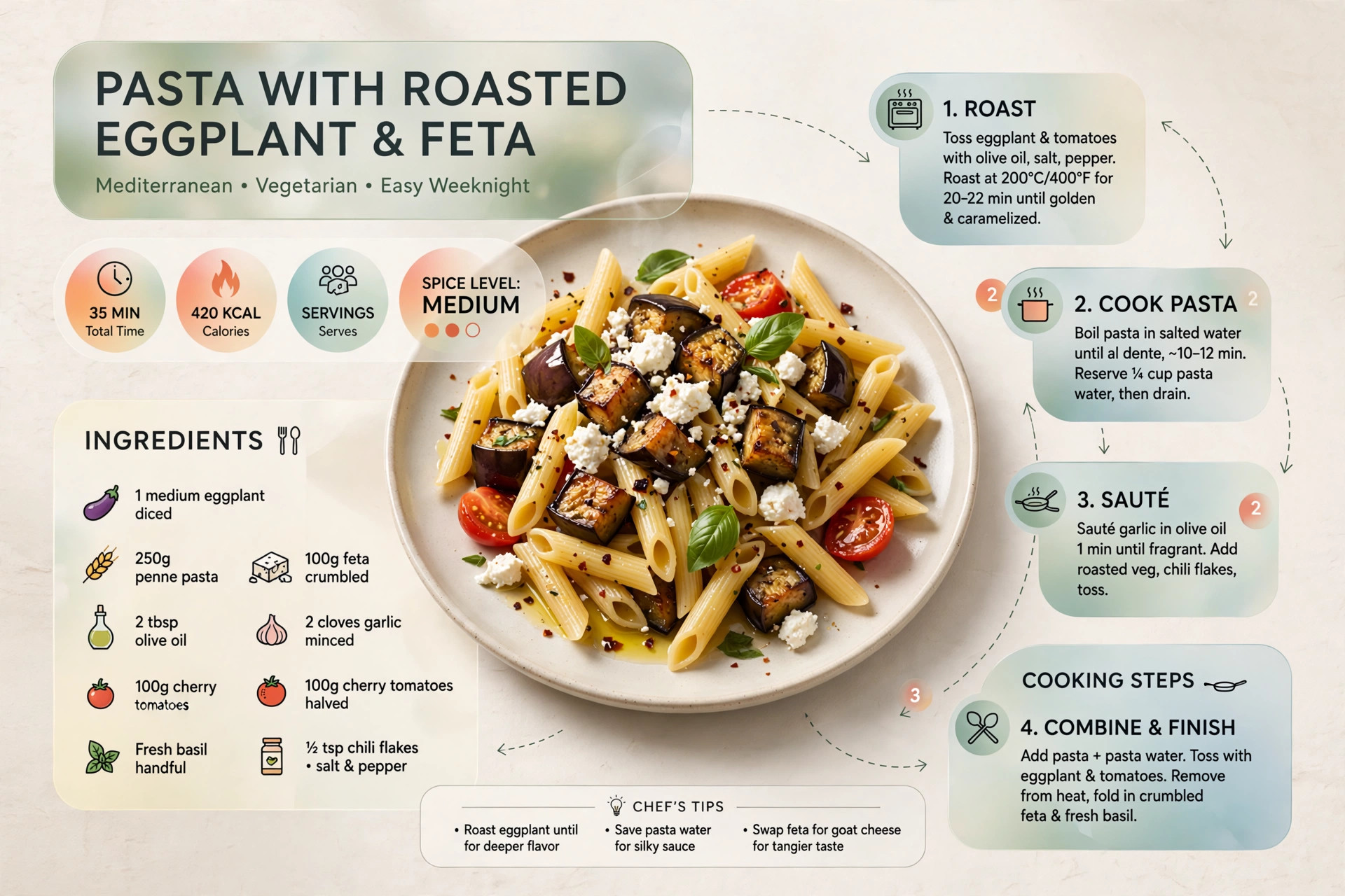 Recipe infographic: Pasta with Roasted Eggplant and Feta — ingredients and step-by-step visual guide