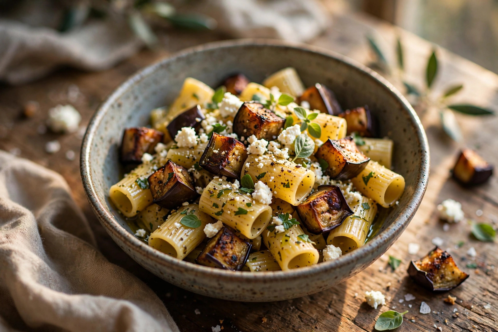 A bowl of pasta with roasted eggplant, tomatoes, and crumbled feta cheese