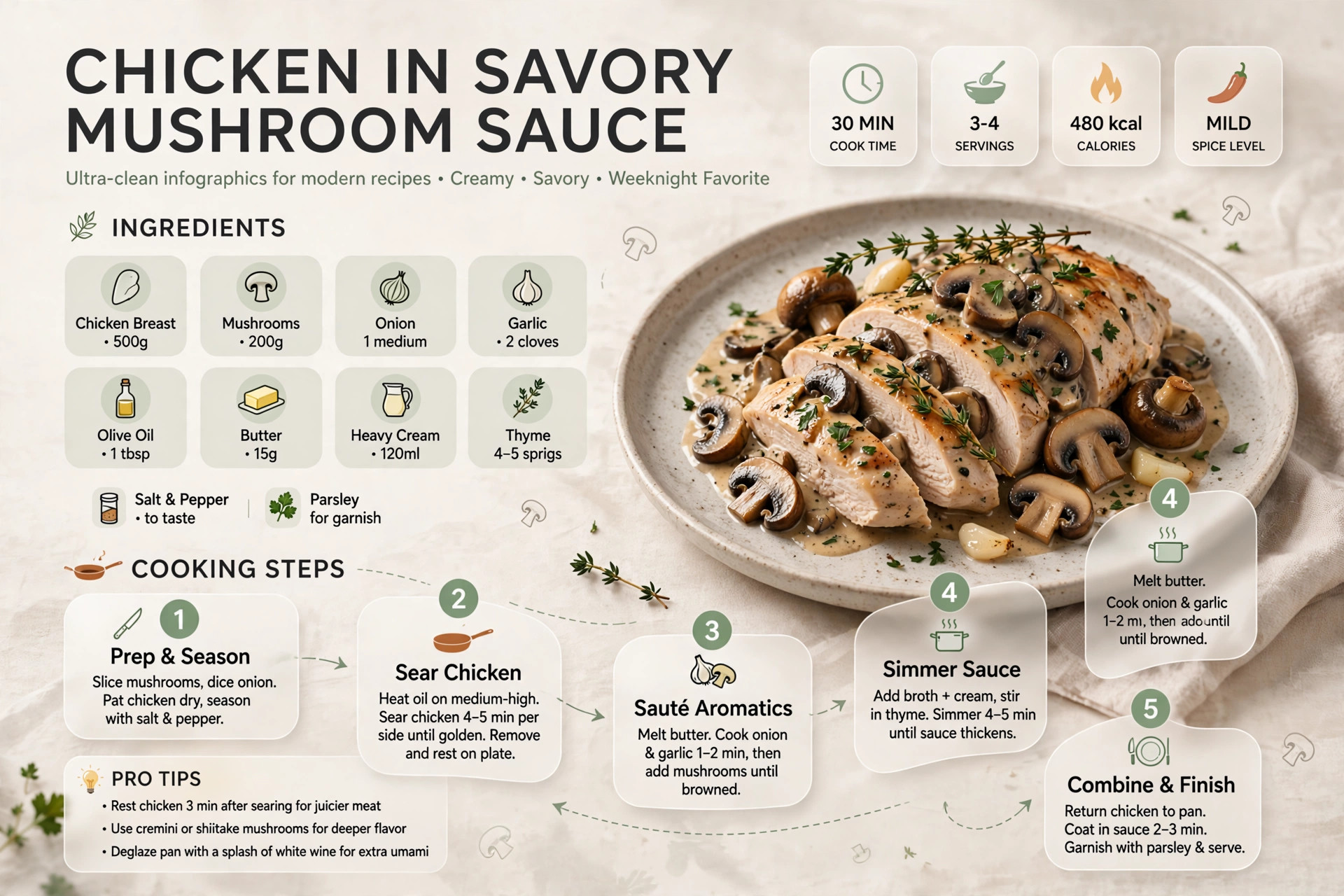 Recipe infographic: Chicken in Savory Mushroom Sauce — ingredients and step-by-step visual guide