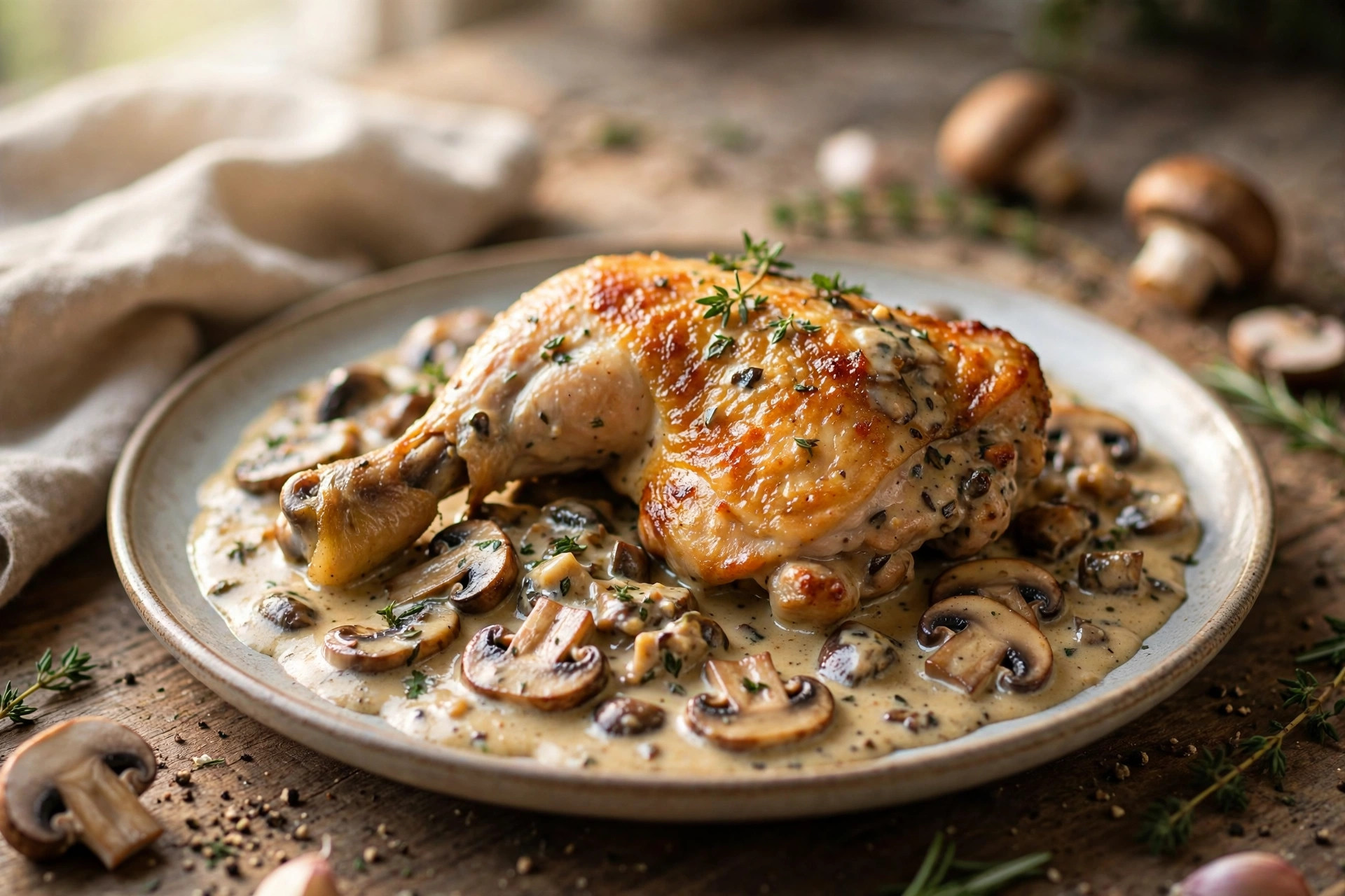 Sliced chicken breast in a savory mushroom sauce with bell peppers