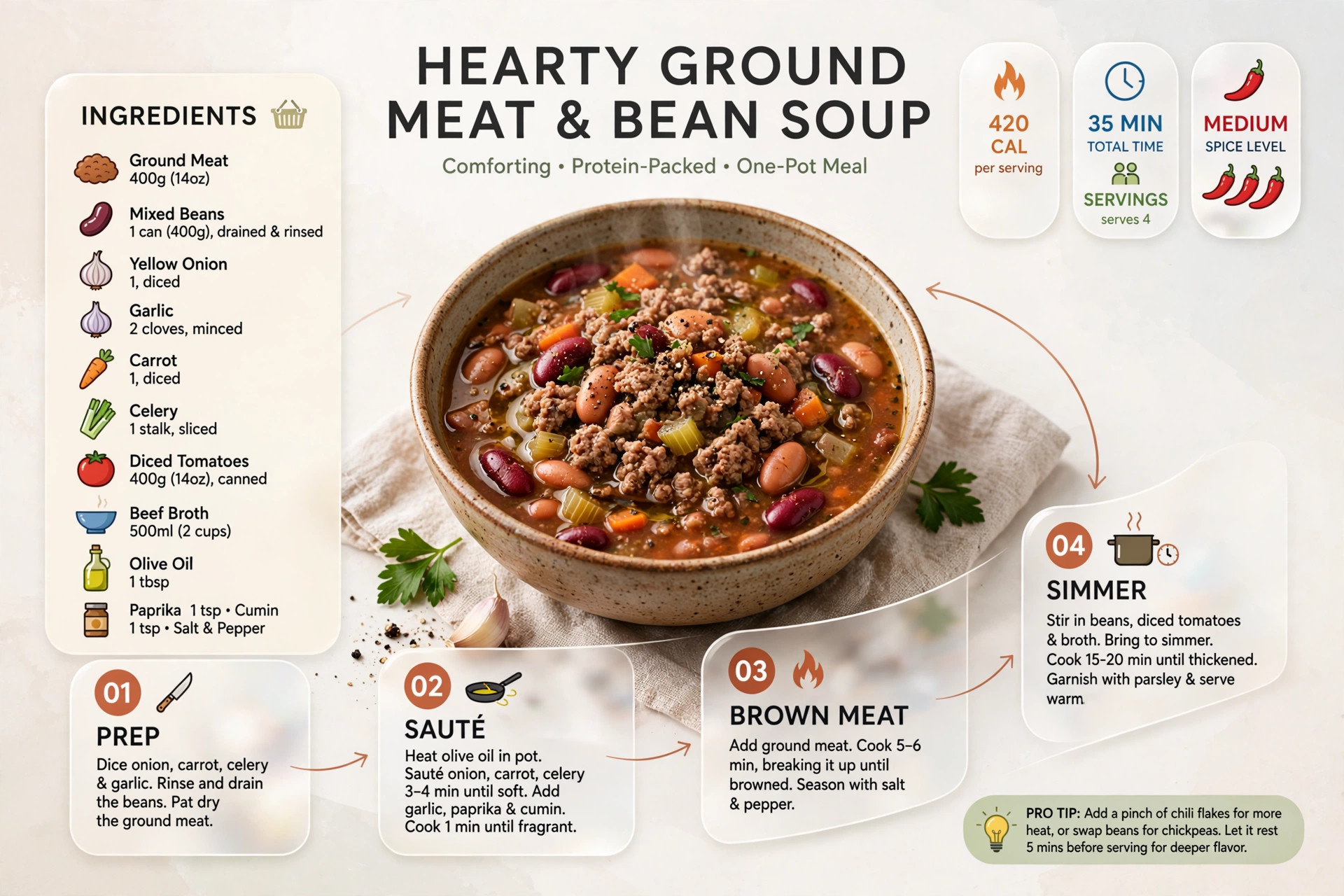 Recipe infographic: Hearty Ground Meat and Bean Soup — ingredients and step-by-step visual guide