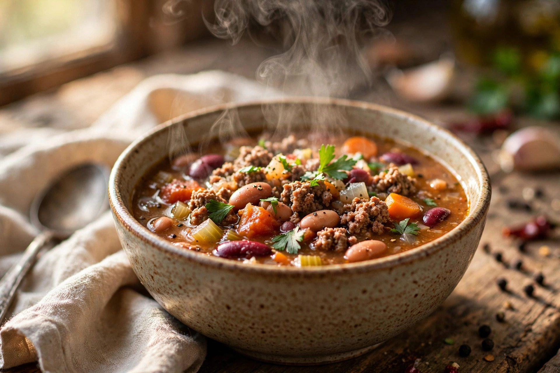 A bowl of hearty ground meat and bean soup garnished with fresh herbs