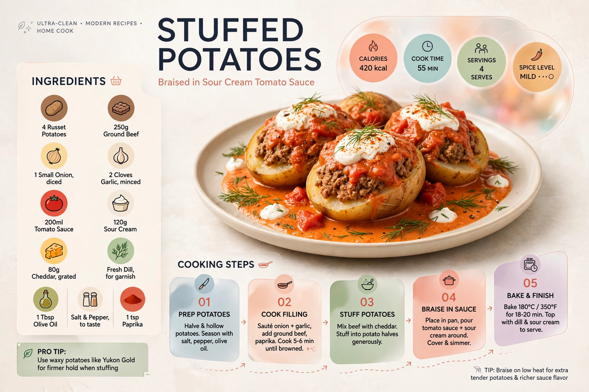 Recipe infographic: Stuffed Potatoes Braised in Sour Cream Tomato Sauce — ingredients and step-by-step visual guide