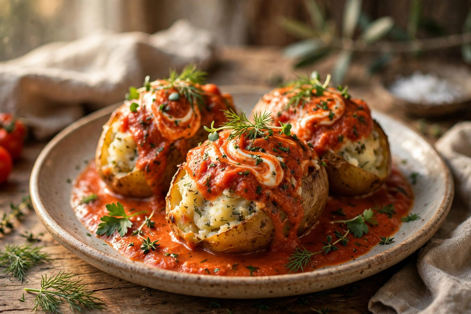 Stuffed potatoes braised in sour cream tomato sauce, sprinkled with fresh herbs