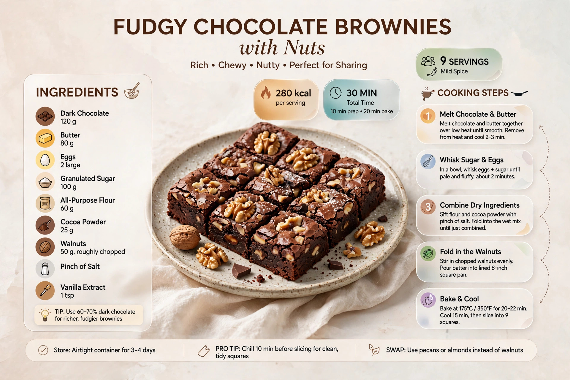 Recipe infographic: Fudgy Chocolate Brownies with Nuts — ingredients and step-by-step visual guide