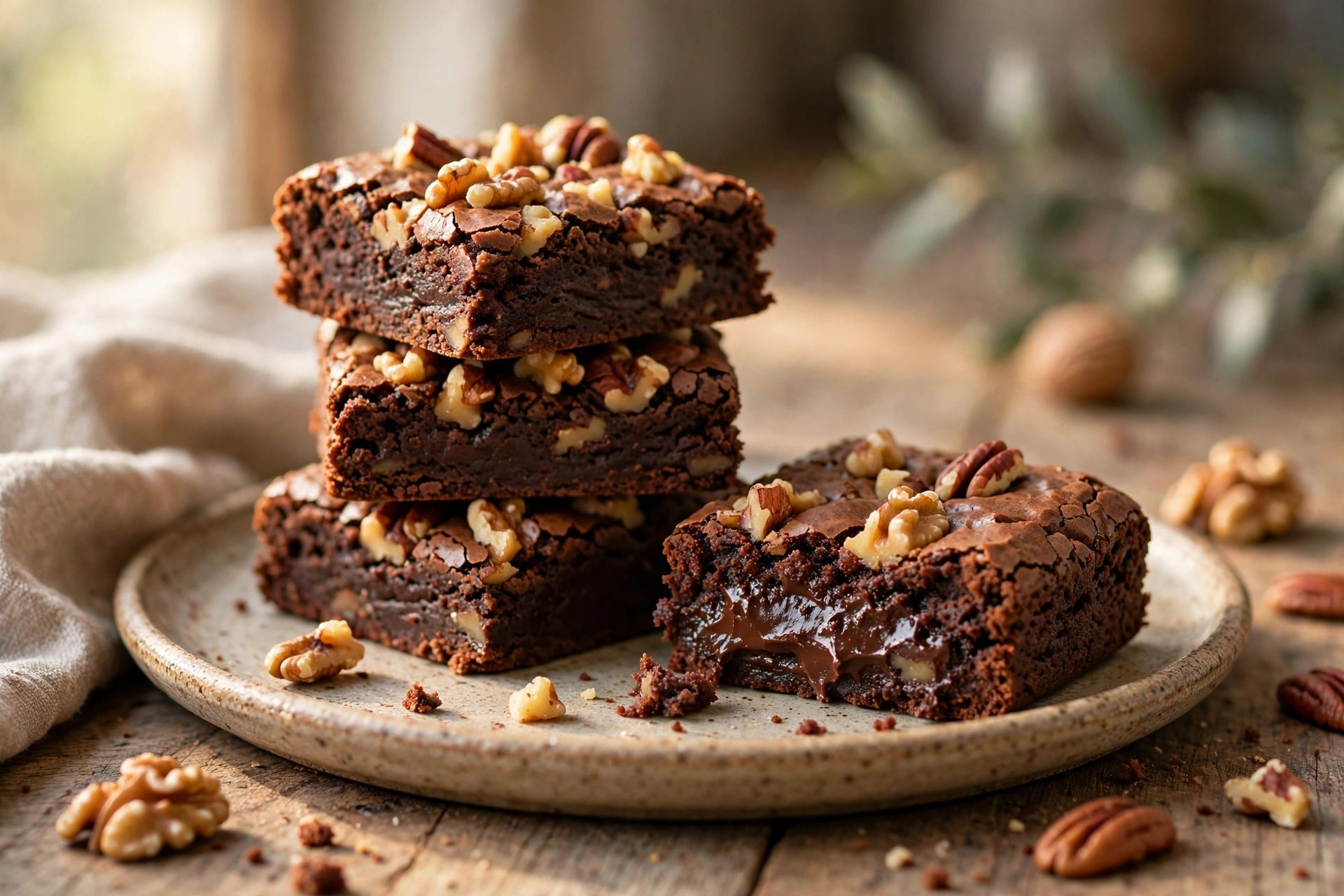 A stack of fudgy chocolate brownies with nuts showing a gooey center