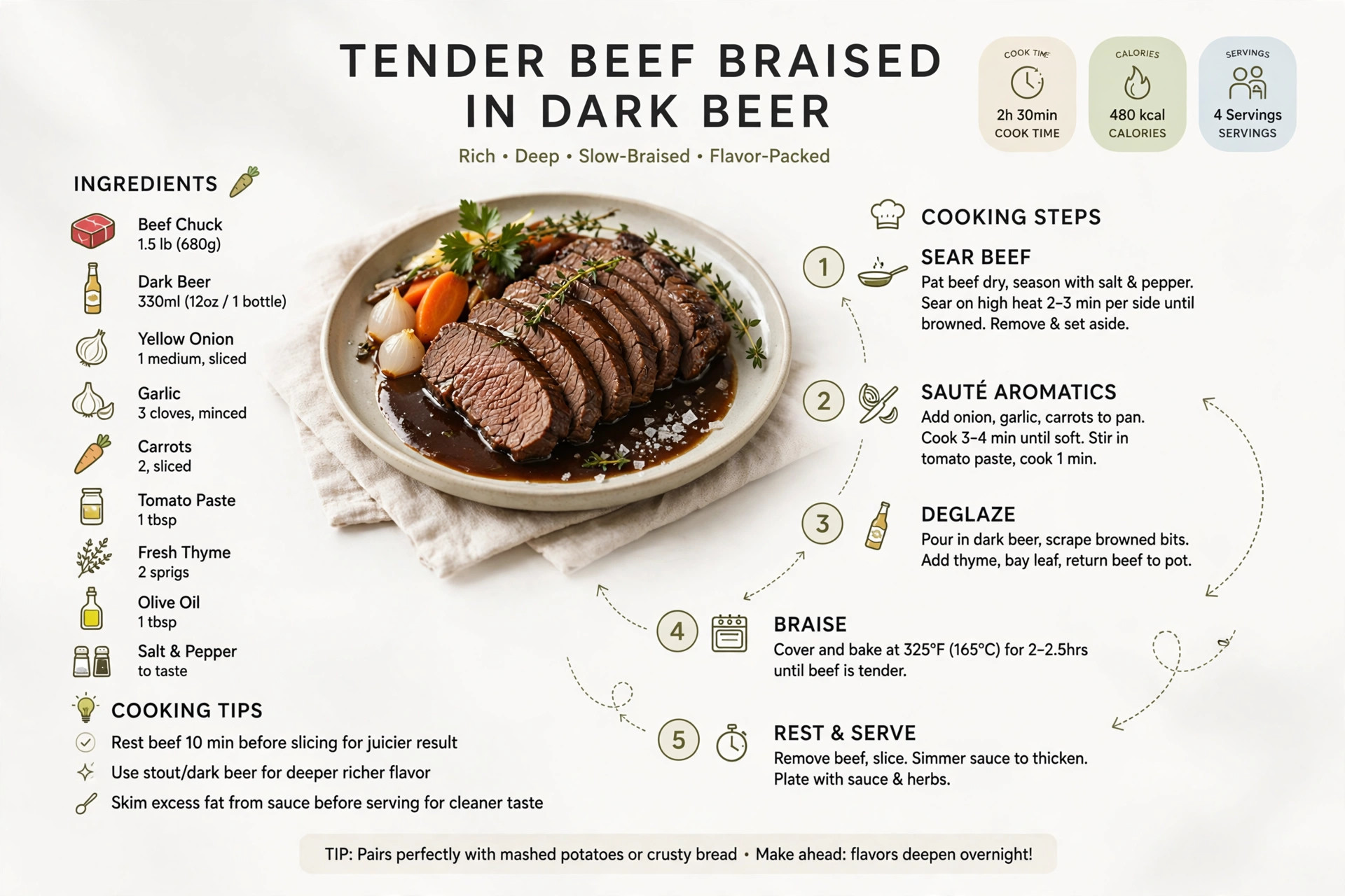 Recipe infographic: Tender Beef Braised in Dark Beer — ingredients and step-by-step visual guide