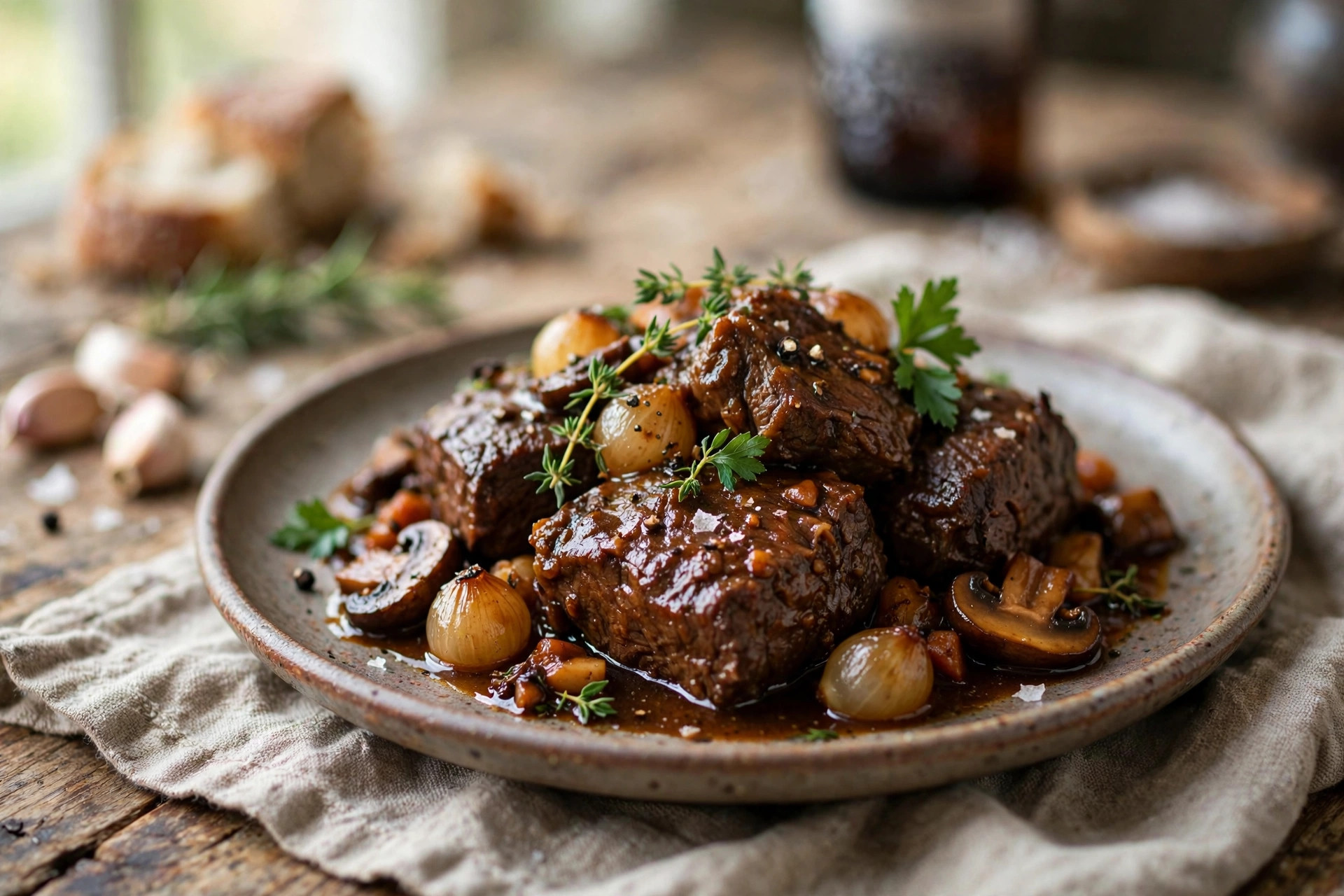 Tender beef braised in dark beer, served in a bowl with a rich glossy sauce