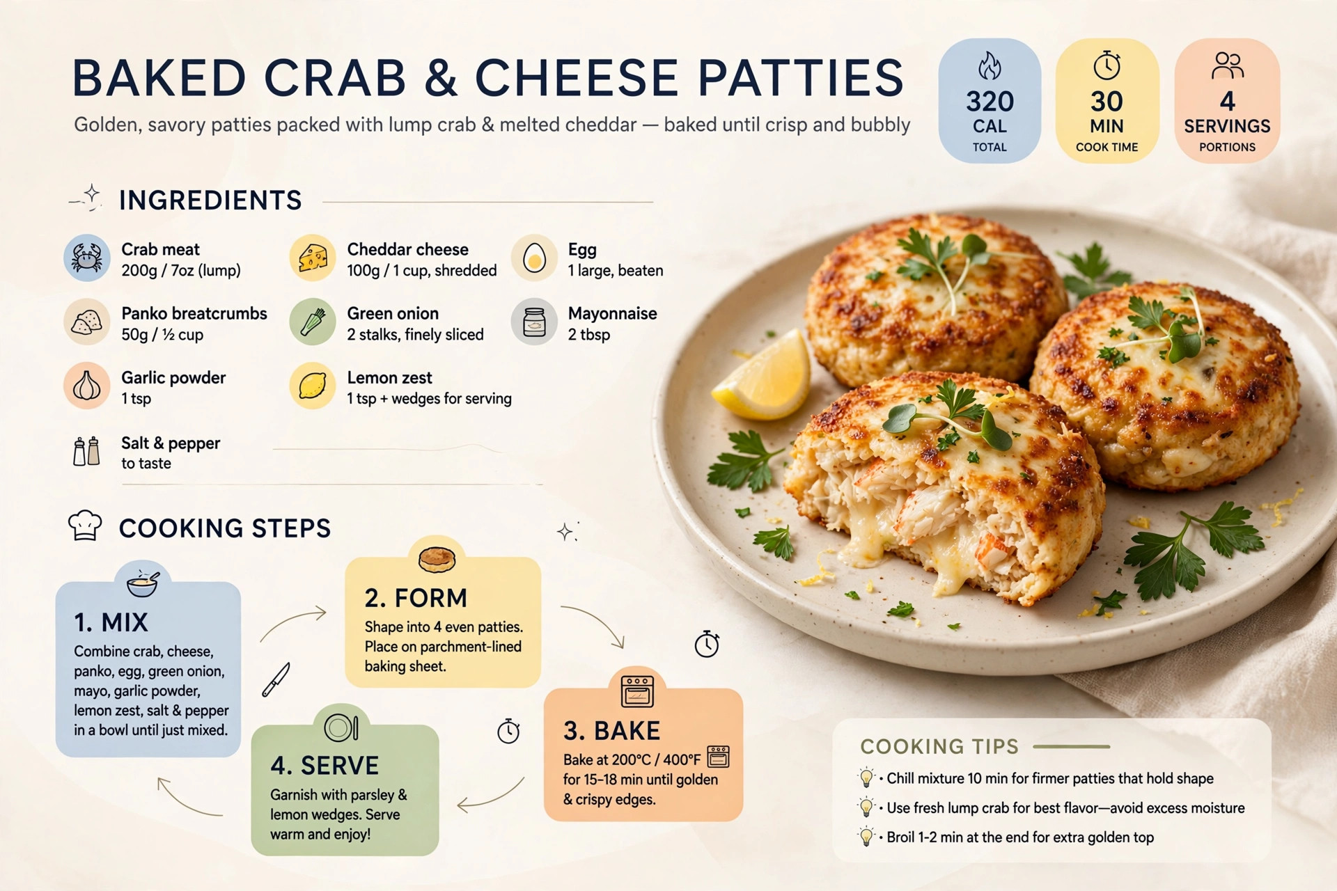 Recipe infographic: Baked Crab and Cheese Patties — ingredients and step-by-step visual guide