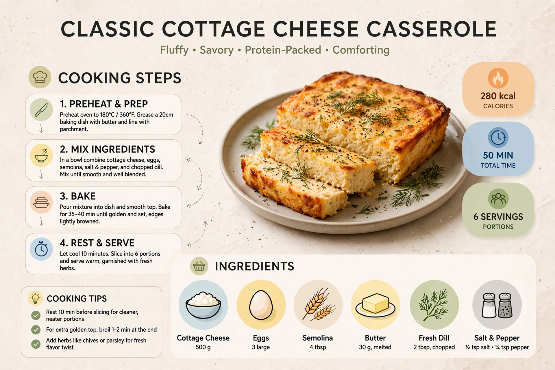 Recipe infographic: Classic Cottage Cheese Casserole — ingredients and step-by-step visual guide
