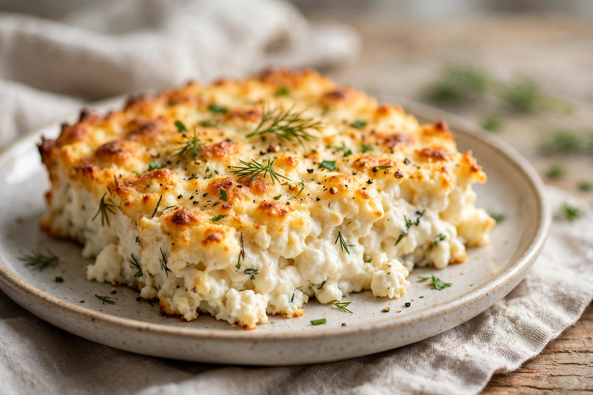 Golden baked cottage cheese casserole sliced to show its creamy, tender crumb
