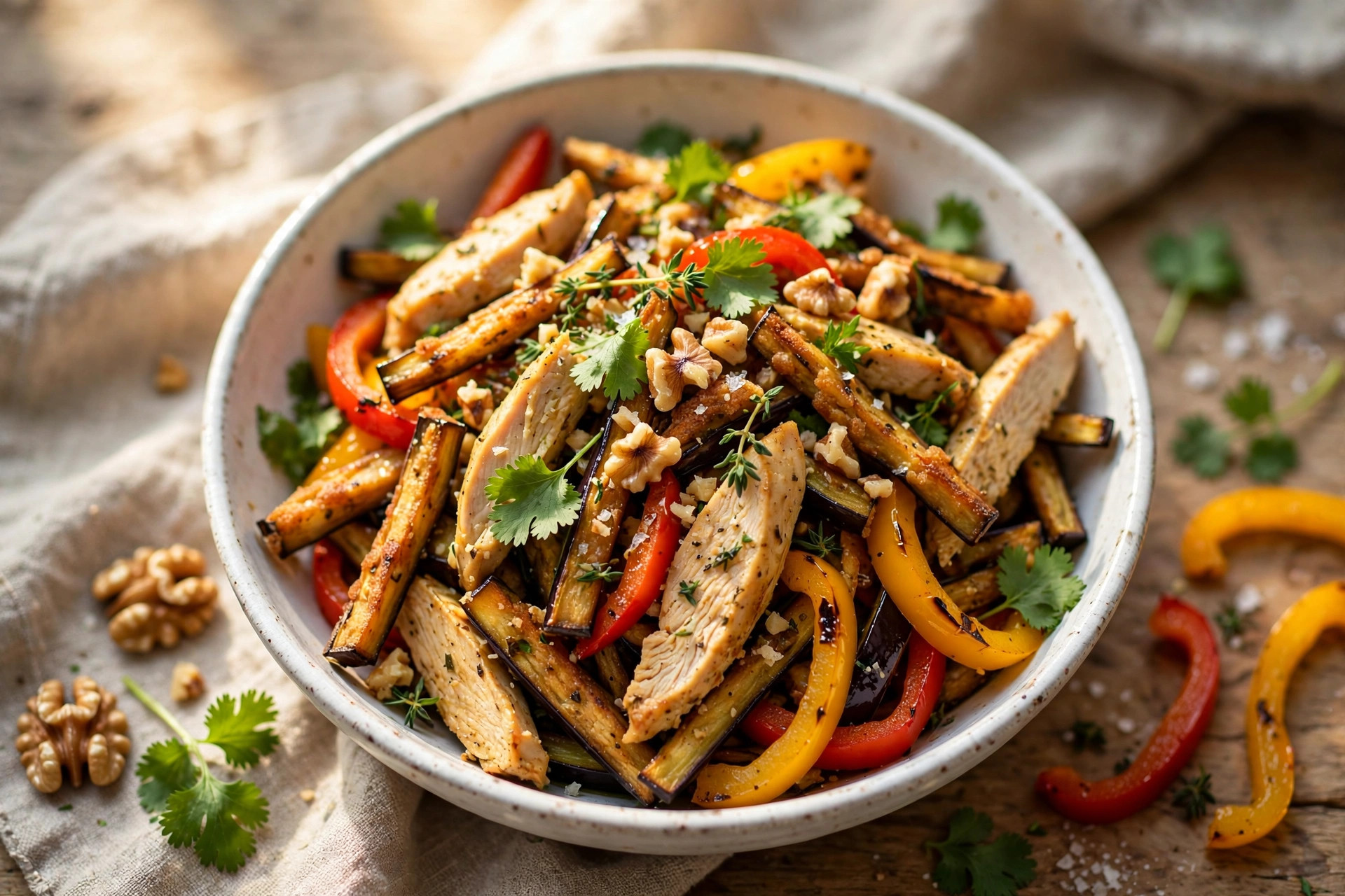 Warm eggplant and chicken salad with walnuts served in a bowl