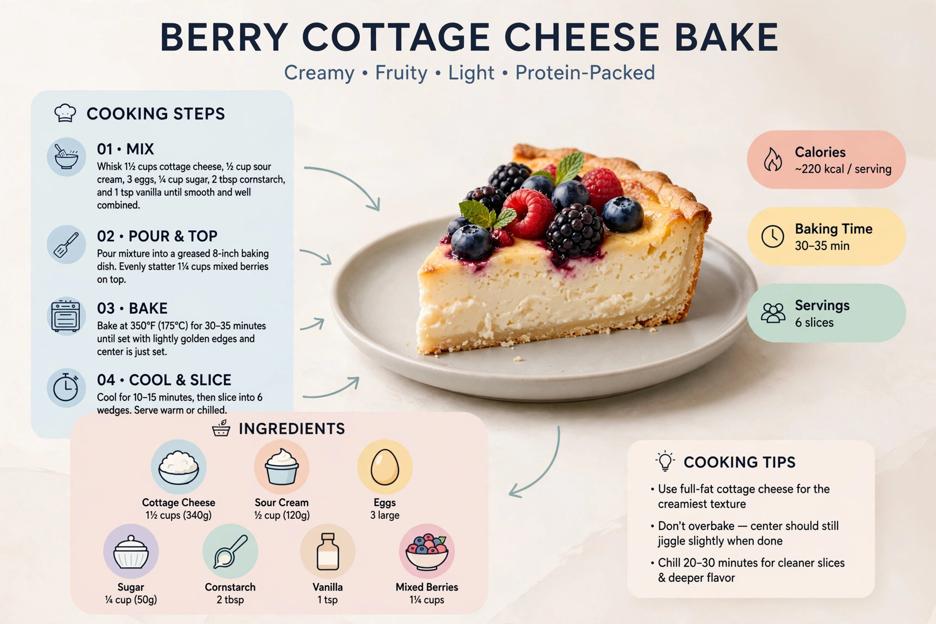 Recipe infographic: Berry Cottage Cheese Bake — ingredients and step-by-step visual guide