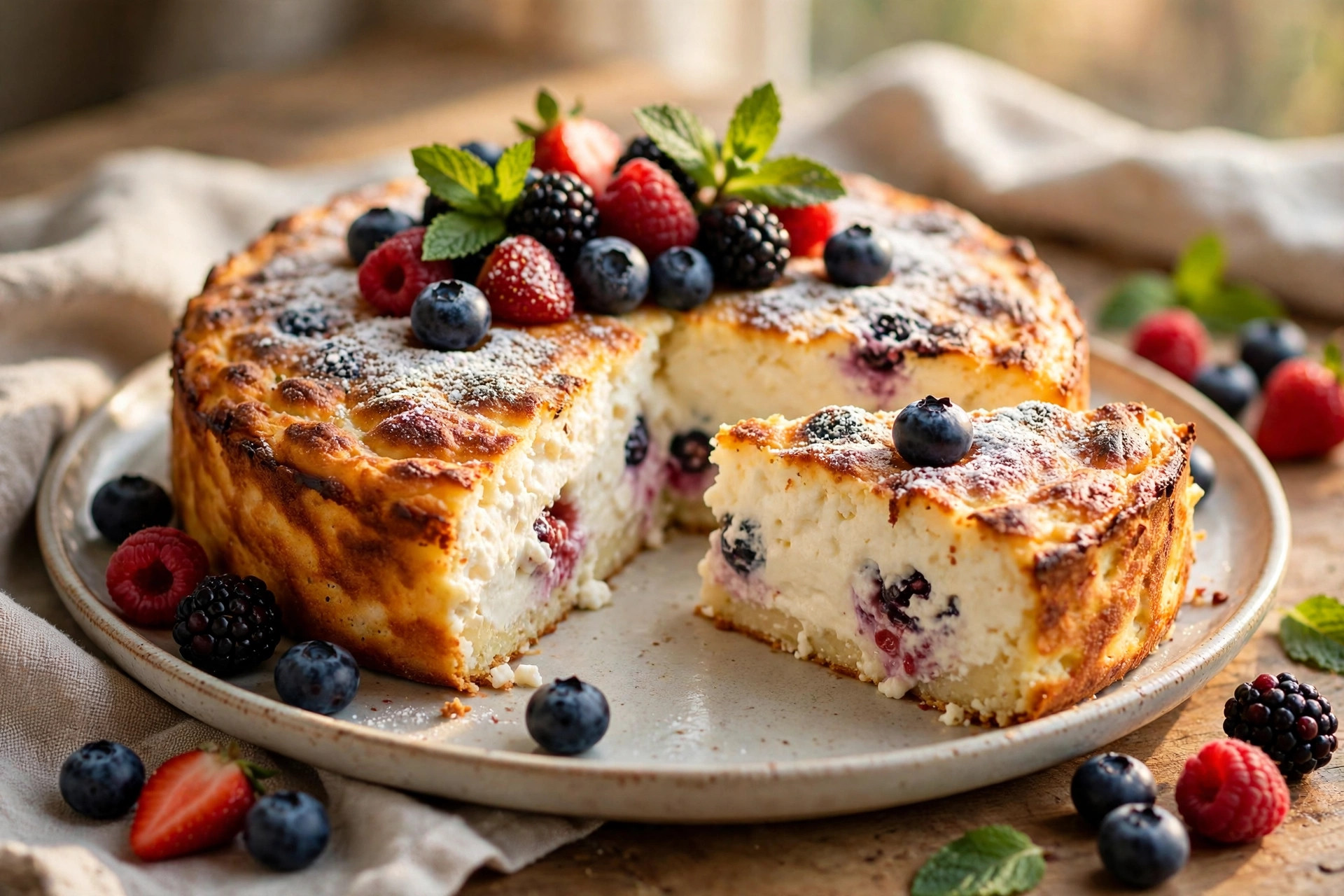 Berry cottage cheese bake fresh from the oven