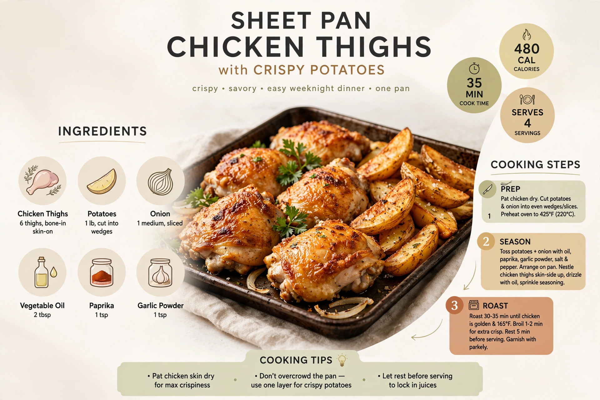 Recipe infographic: Sheet Pan Chicken Thighs with Crispy Potatoes — ingredients and step-by-step visual guide