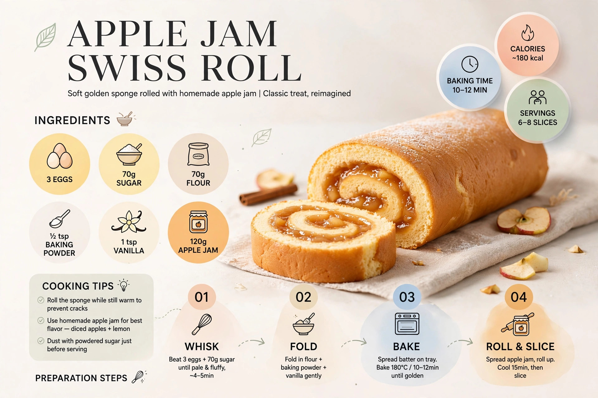 Recipe infographic: Apple Jam Swiss Roll — ingredients and step-by-step visual guide