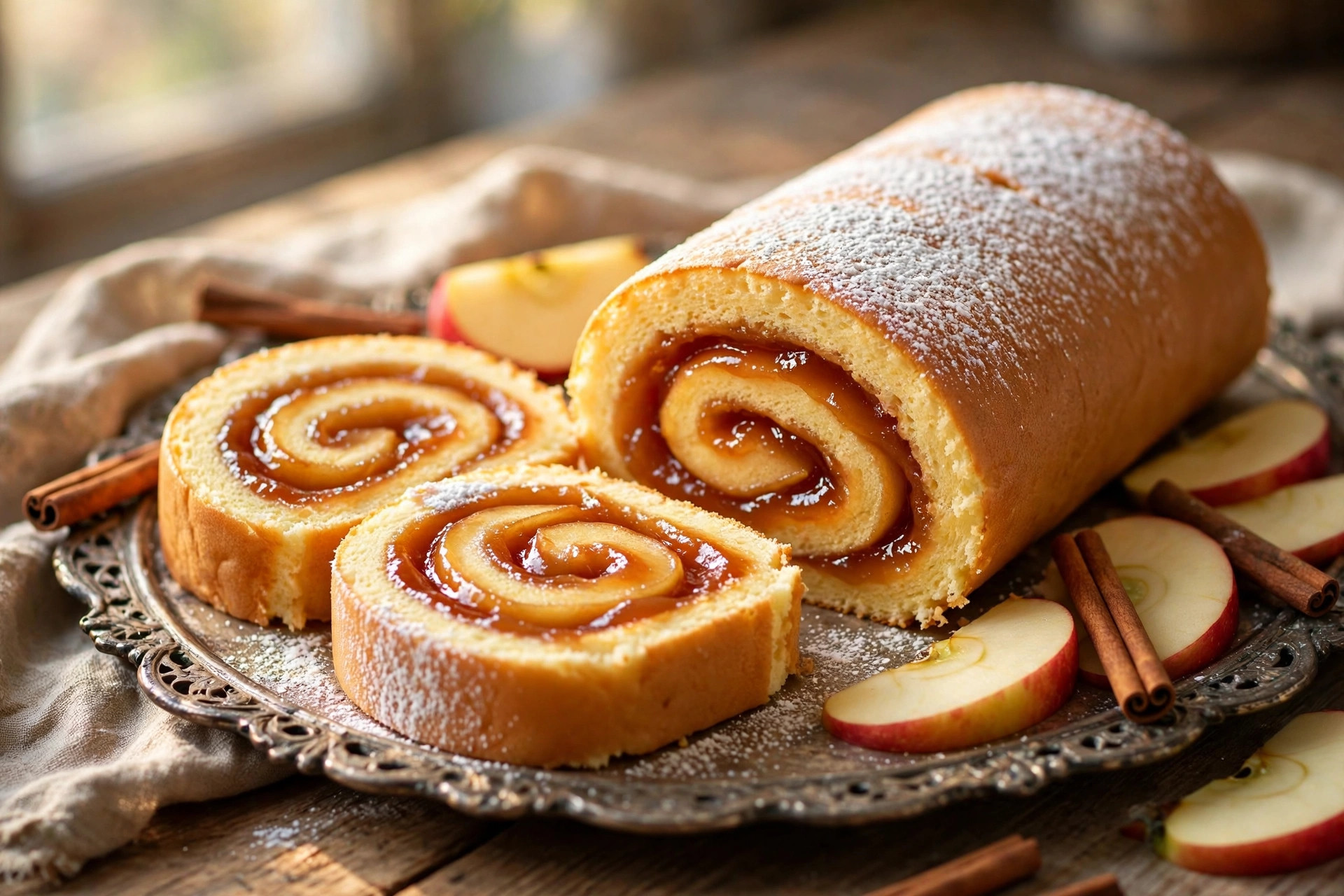 Apple jam Swiss roll sliced and served