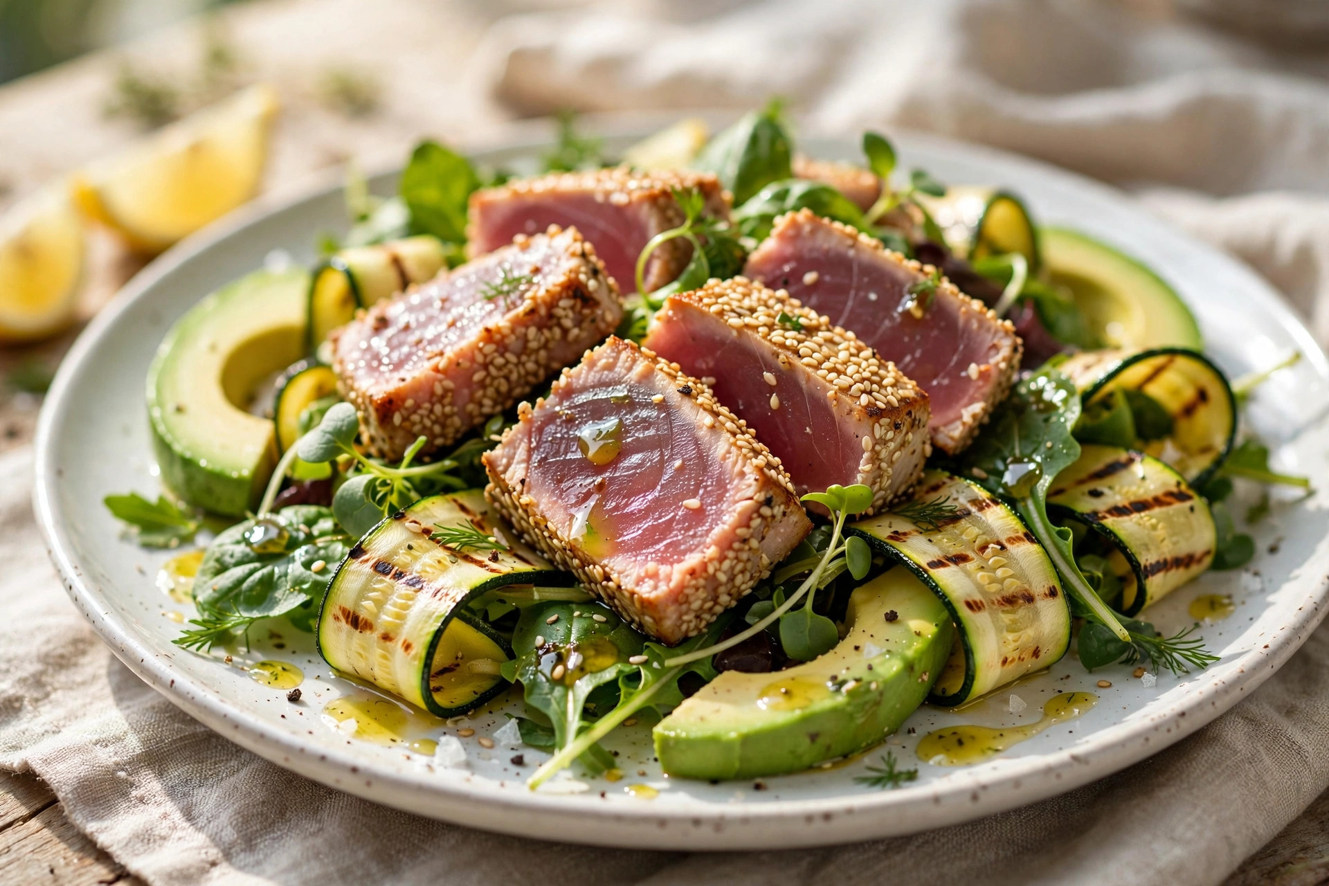 Seared tuna salad with grilled zucchini and avocado